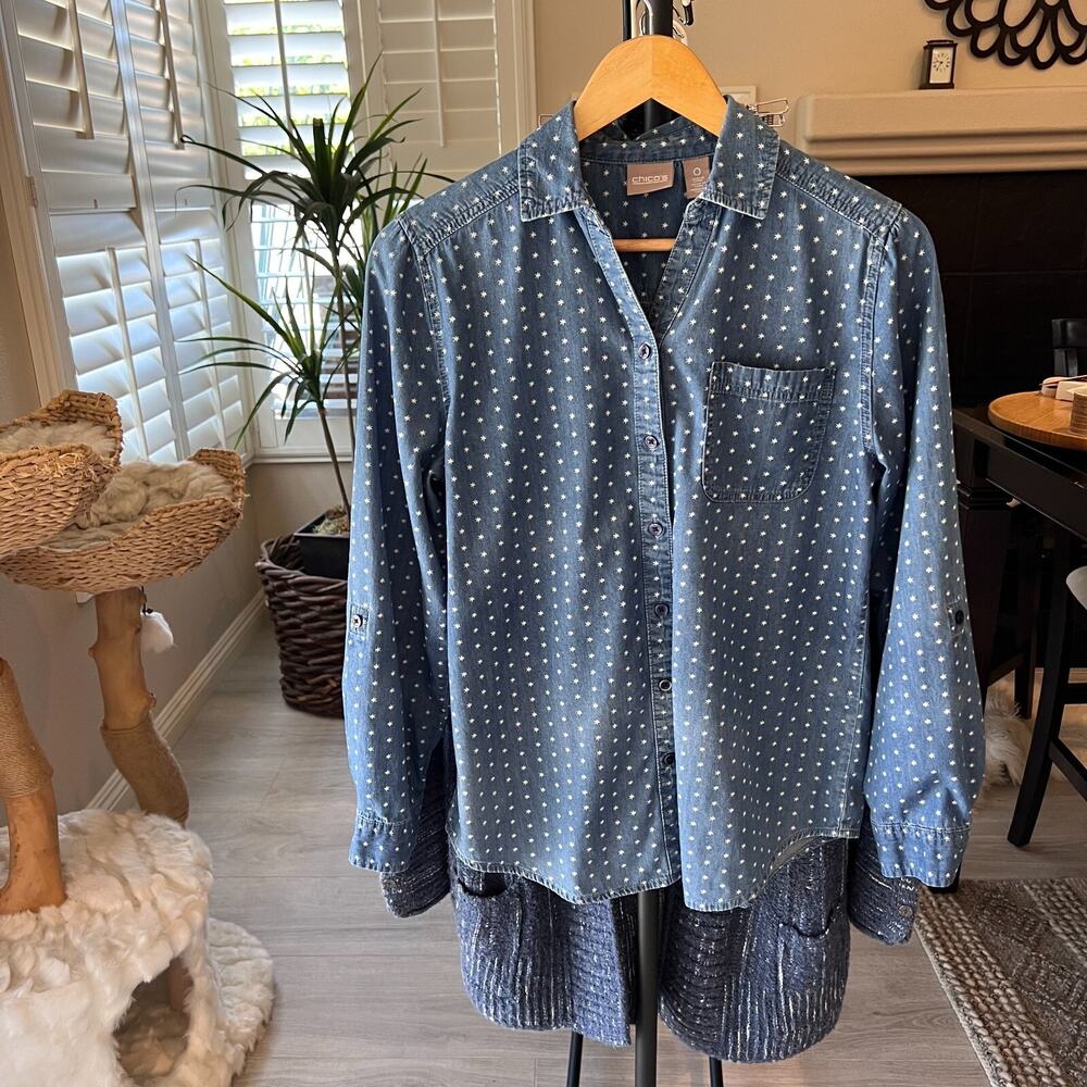 Chicos Shirt Womens Size 0/S Spacey Dot Cozmo Chambray Denim Long Sleeve Cotton - Picture 15 of 16